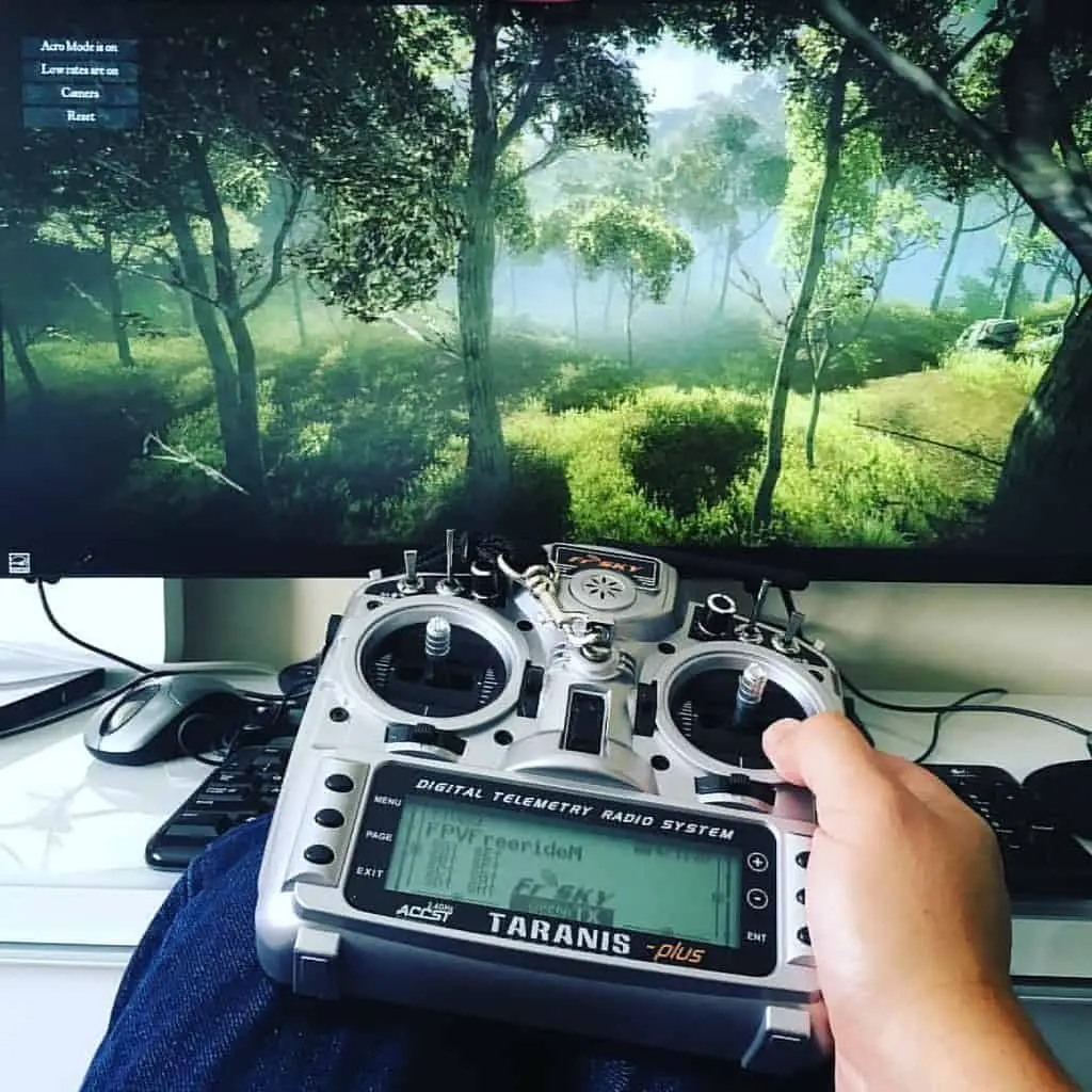 Always use a radio transmitter when playing an FPV simulator.